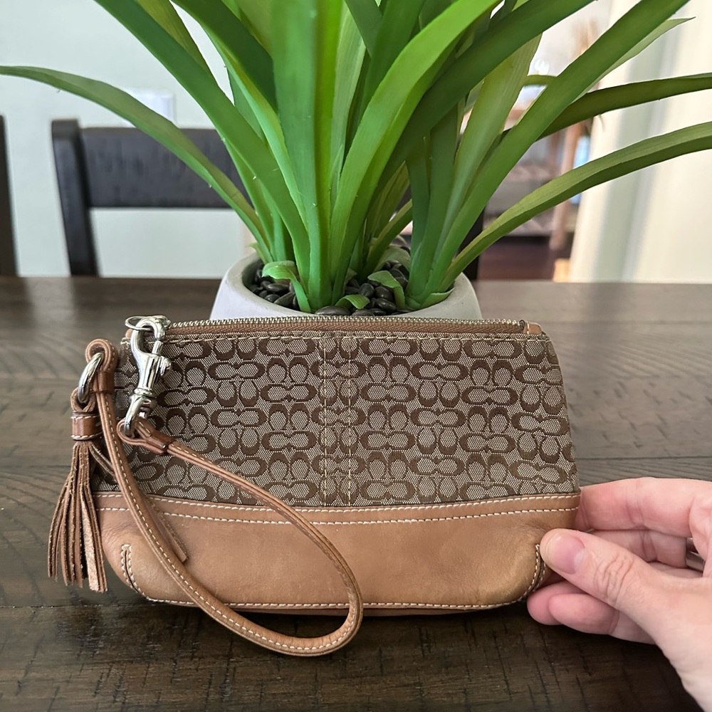 EUC Coach Vintage small C Monogram Tan cloth and leather Wristlet with tassel